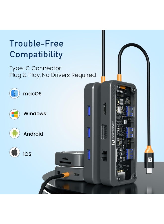 بورترونيكس Portronics MPort View Three 10-in-1 USB-C Docking Station, 100 W PD Charging, 4K HDMI, VGA, RJ45 Ethernet, SD/TF Card Slots, USB 3.0/2.0 Ports, 3.5 mm Audio, for All Type C Devices, Windows/MacBook - Image 5